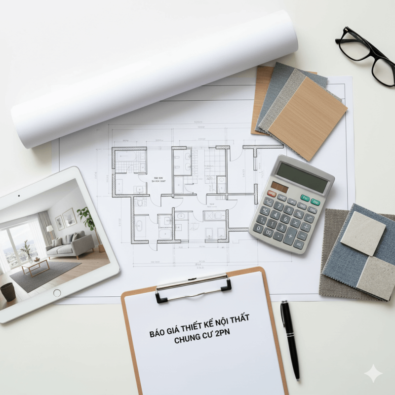 Bảng dự toán chi phí thiết kế nội thất chung cư 2 phòng ngủ