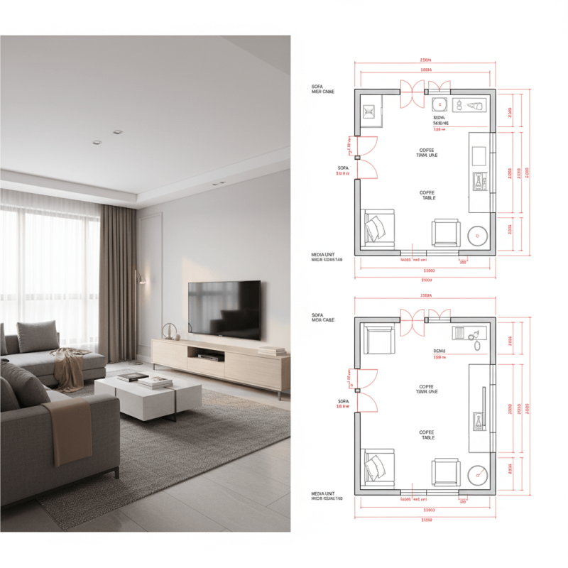 Phối cảnh 3D hiện đại của một phòng khách so sánh với bản vẽ kỹ thuật 2D tương ứng