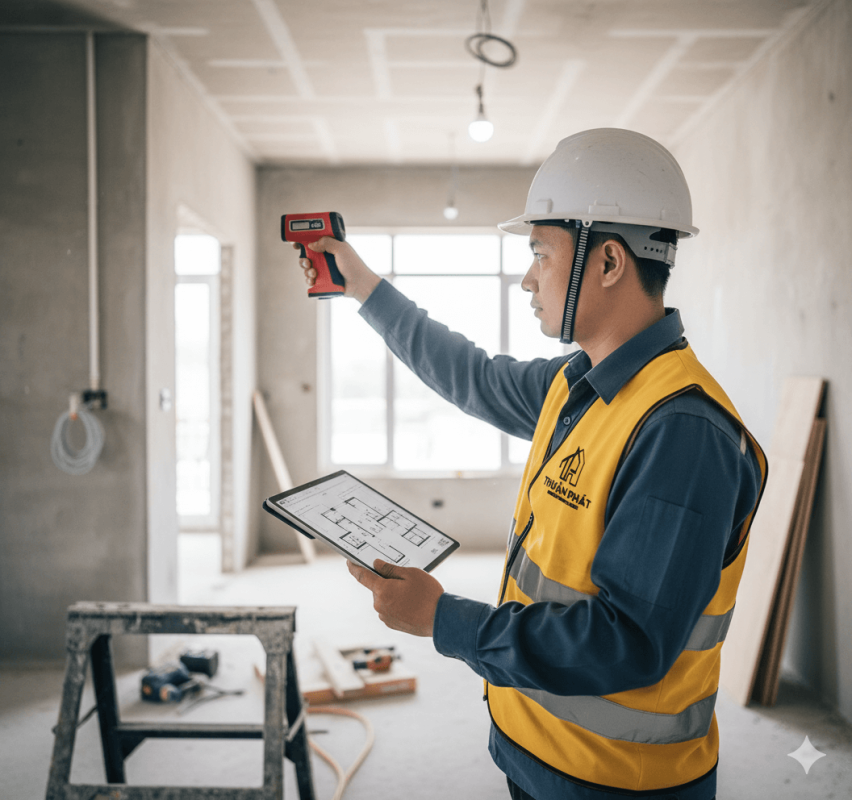 Thợ thi công đang đo đạc kích thước thực tế tại công trình để đối chiếu với bản vẽ trên máy tính bảng