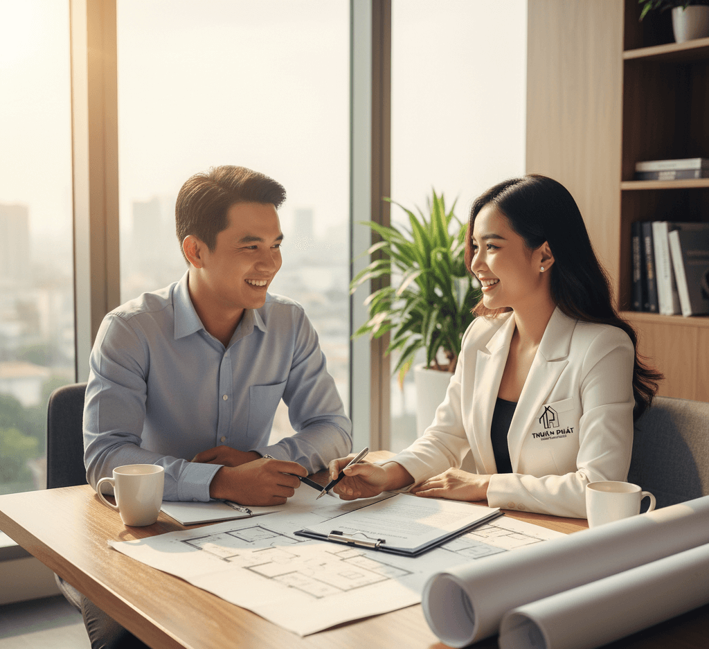 Chủ nhà và kiến trúc sư cùng nhau rà soát các điều khoản trong mẫu hợp đồng thi công nội thất