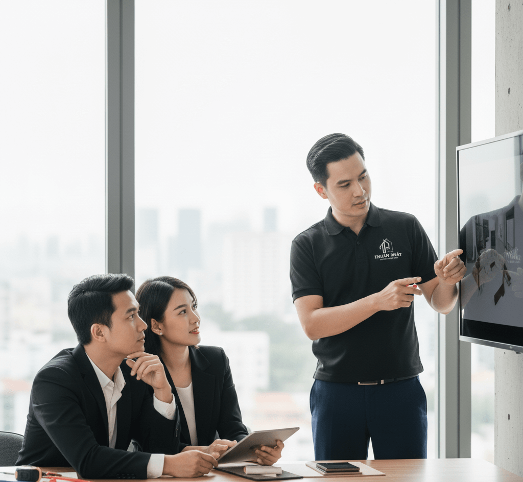 Kiến Trúc Sư Thuận Phát đang tư vấn khách hàng về tối ưu công năng với thói quen sinh hoạt.