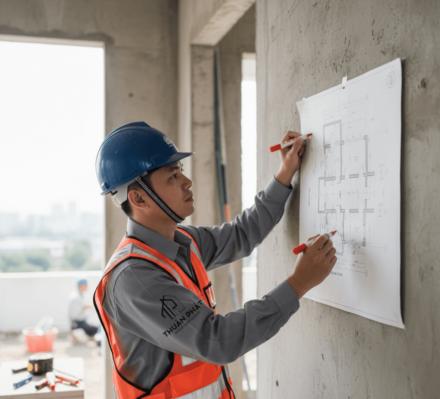 Kỹ Sư Xây Dựng Thuận Phát kiểm tra Bố trí công tắc, ổ cắm chuẩn xác ngay trên phần thô – Tiết kiệm chi phí đục phá, sửa chữa về sau