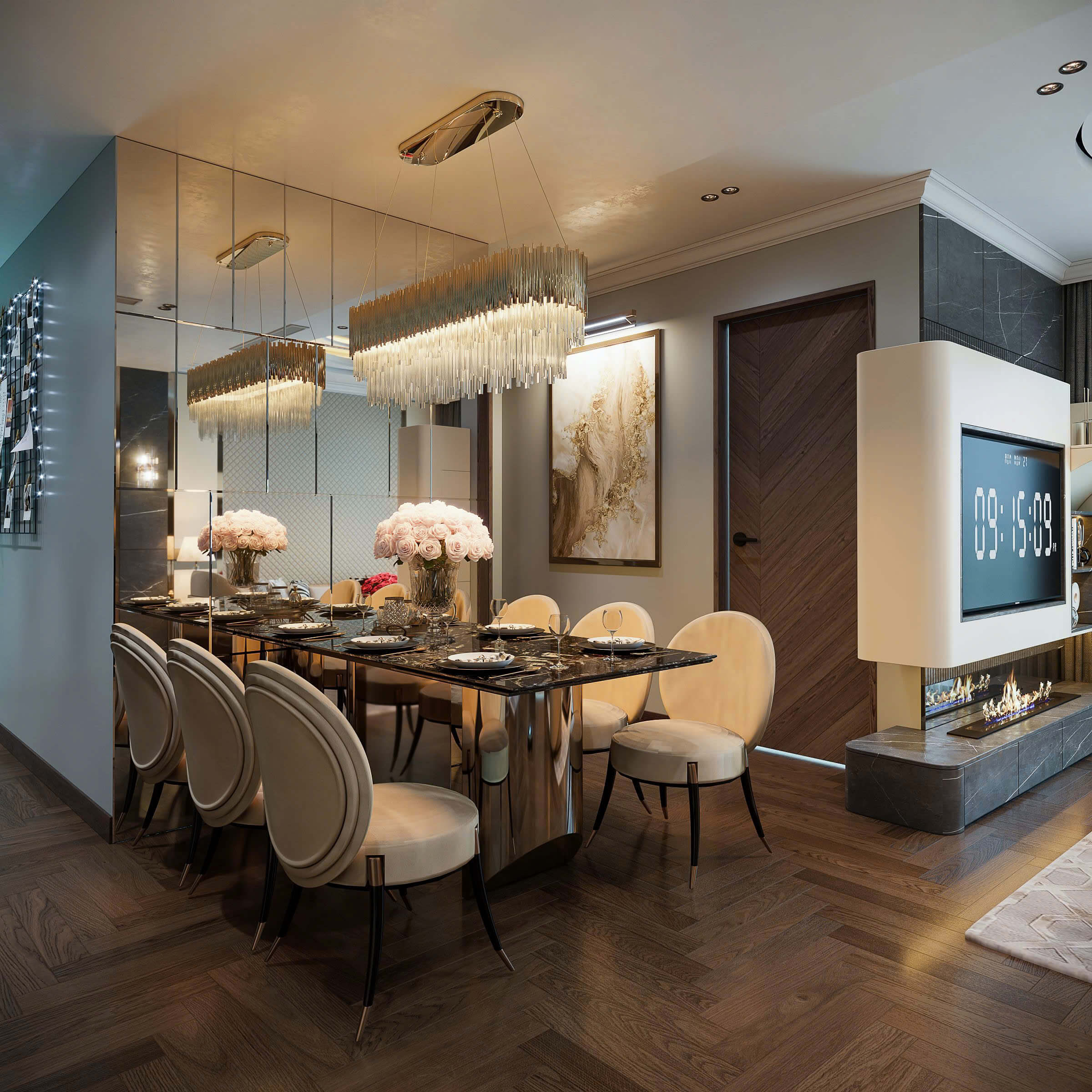 Bàn ăn 8 ghế, nội thất sang trọng Không gian phòng ăn cao cấp với bàn đá marble và đèn chùm pha lê hiện đại