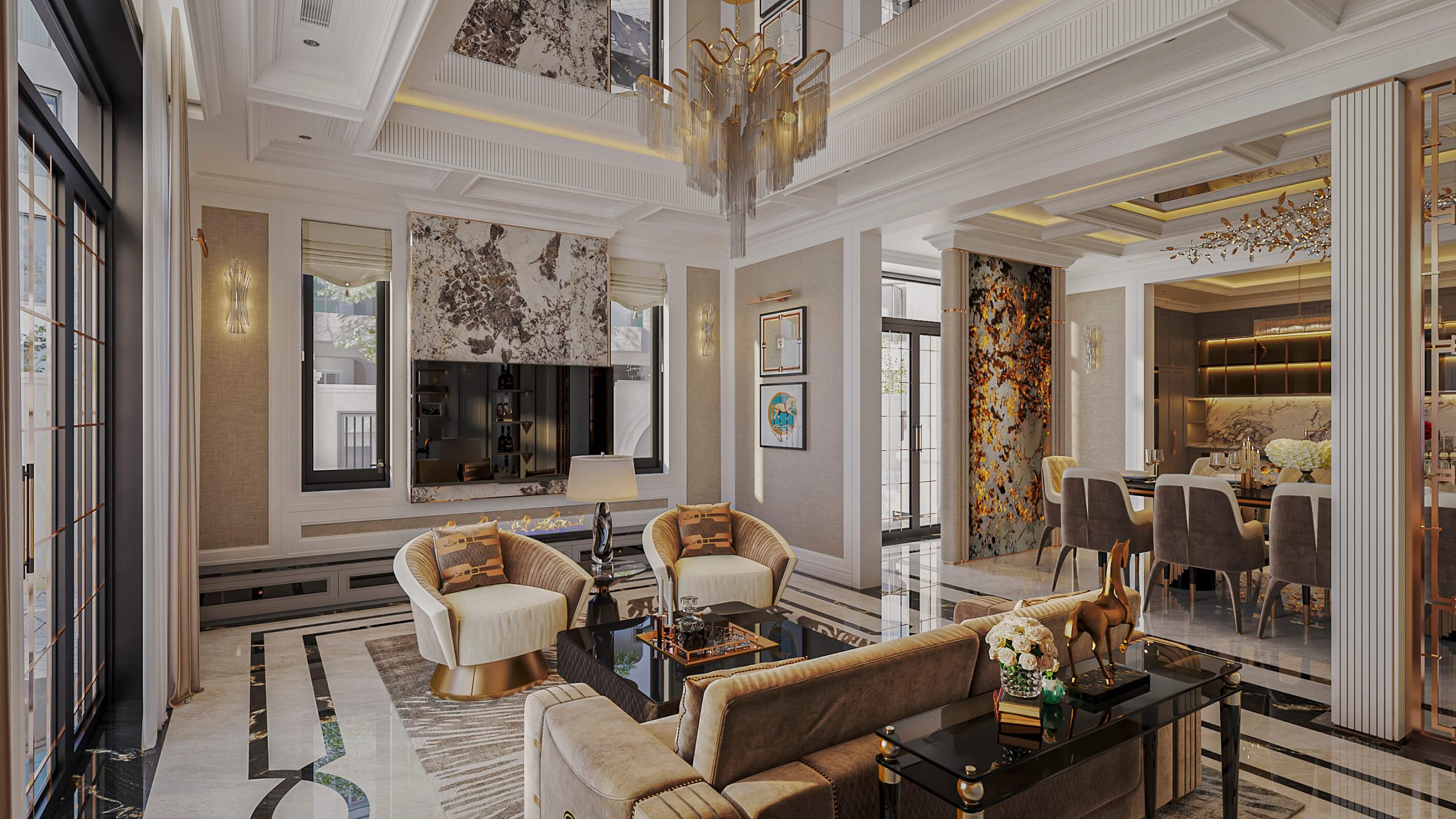 Phòng khách thông tầng, nội thất xa hoa Mẫu phòng khách thông tầng phong cách Modern Luxury cho biệt thự phố