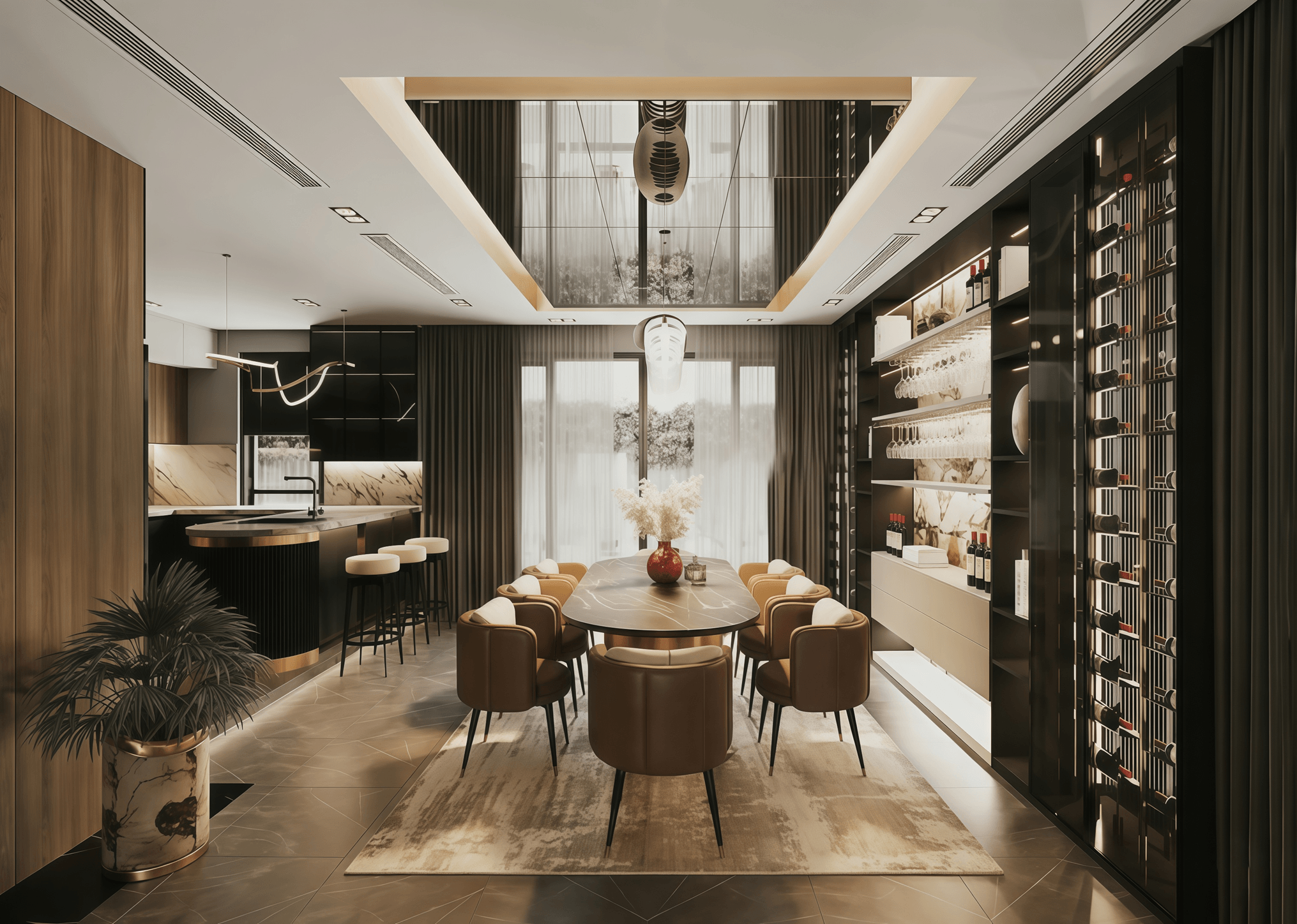 Phòng ăn nhà phố, tủ rượu đẹp Thiết kế nội thất phòng ăn nhà phố với tủ rượu cánh kính và quầy bar sang trọng