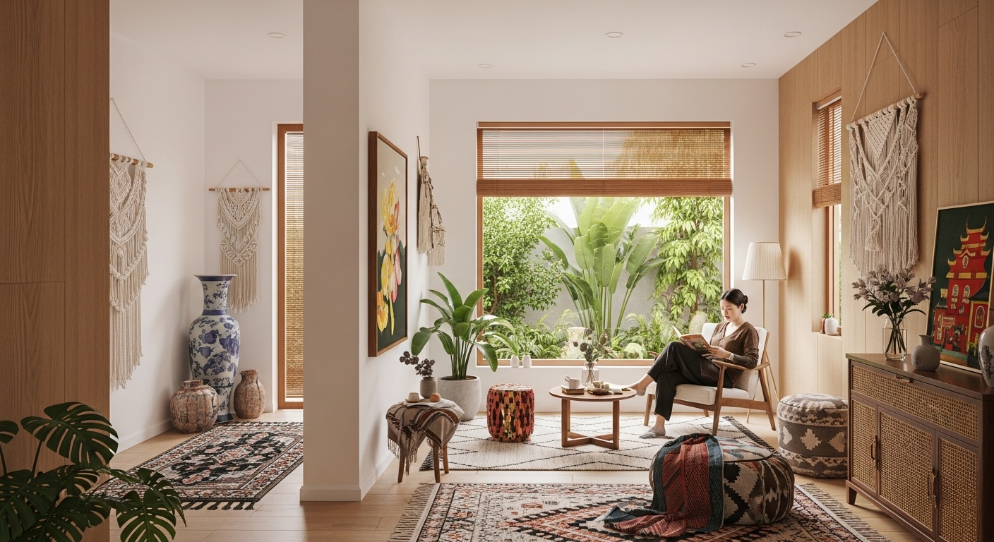Nắm Vững Nguyên Tắc & Phong Cách Bố Trí Nội Thất: Bí Quyết Cho Ngôi Nhà Hoàn Hảo 5
Scandinavian vs. Bohemian: A visual comparison of two distinct interior design philosophies. Explore minimalist Nordic elegance alongside vibrant, eclectic Boho charm.